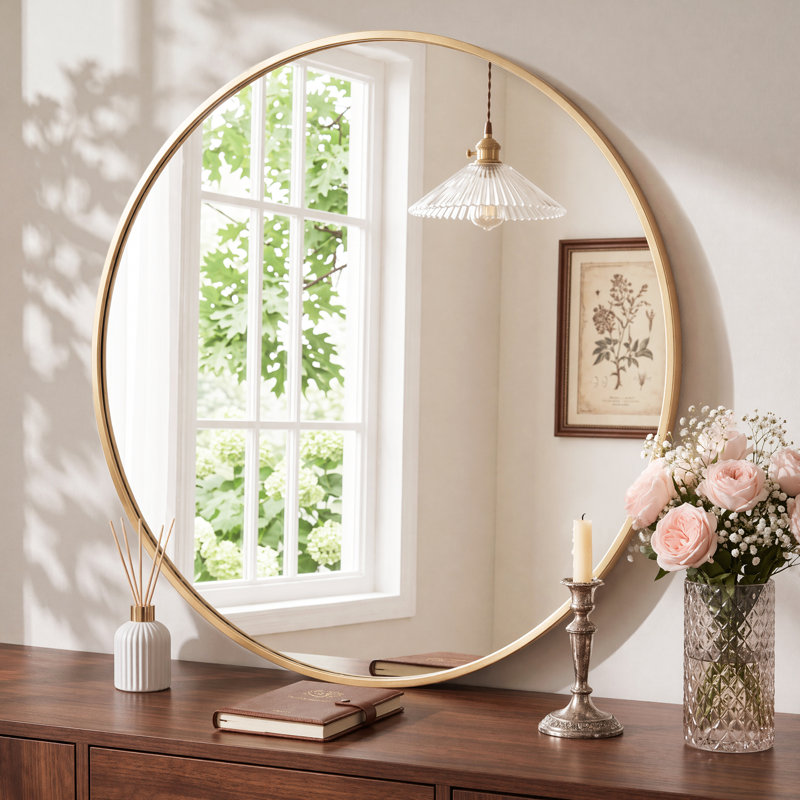 Metal Round Wall Mirror, Gold, 36" x 36"