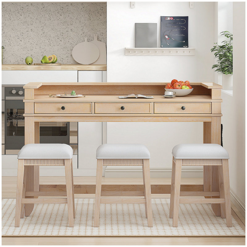 Ensemble de table de salle à manger 4 pièces avec 3 tiroirs de rangement rétro, idéal pour les petits espaces et les cuisines modernes (naturel)