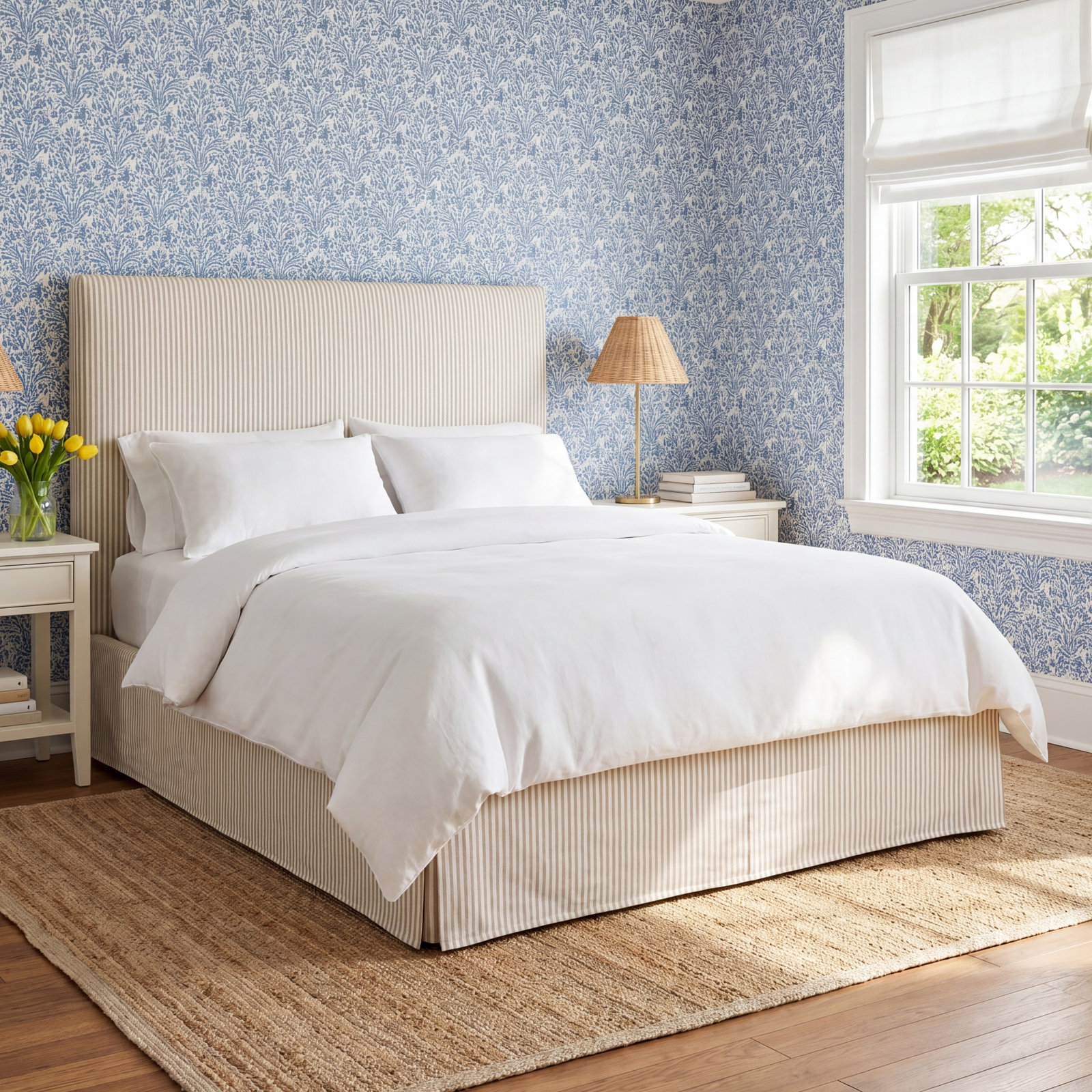 Stoffer Home x Cloth & Co. Maura Cotton Upholstered Bed, Queen, Jane Stripe Burlap