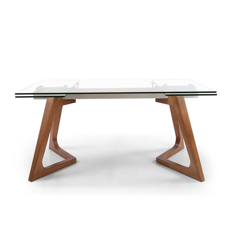 Extendable Glass Top Solid Wood Base Dining Table
