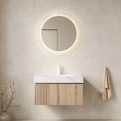 Meuble-lavabo de salle de bain 30 po MURI, meuble de rangement flottant en contreplaqué avec tiroir et porte, comptoir en fritté blanc Carrara et lavabo en céramique avec 1 trou de robinet pré-percé, pré-assemblé, grain de bois de chêne blanc