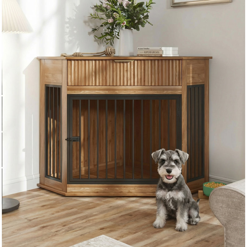 Meuble de rangement en coin pour chien avec tiroir cannelé pour petits et moyens chiens Bréhob, Noyer naturel