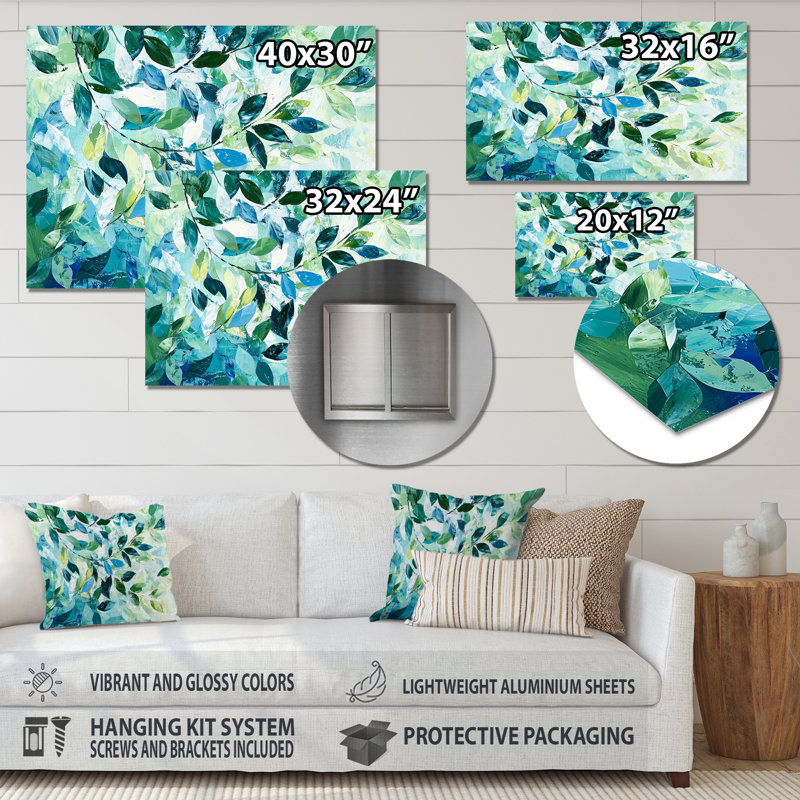 Été vert Branches dans le vent II - feuilles, art mural en métal, impression traditionnelle sur métal, H 24 po x l 32 po