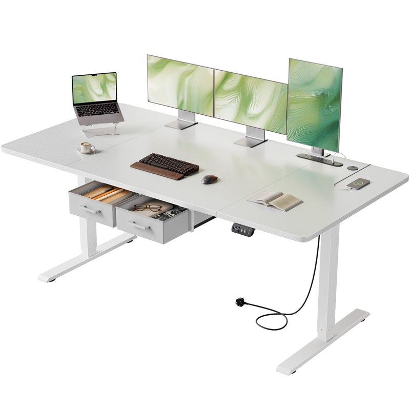 Adjustable Metal Base Standing Desk with Power Outlet, White/White, 160cm W x 80cm D