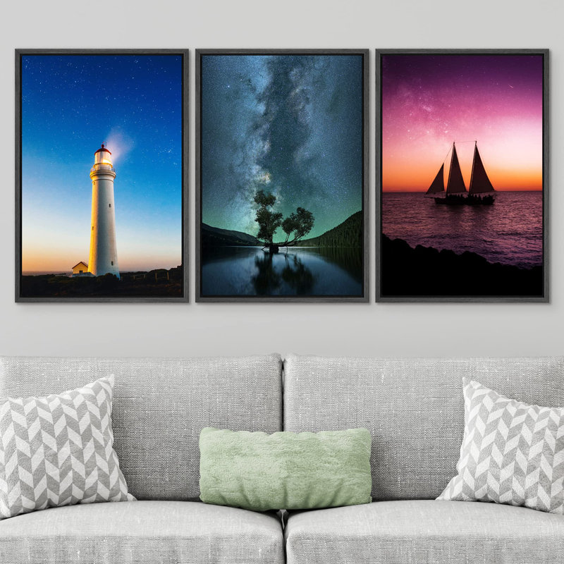 " Vibrant Lighthouse Star Night Galaxy Cosmos Sunset Sailboat Ocean Coastal Nautical Photo Modern Art " 3 Piece Art Print