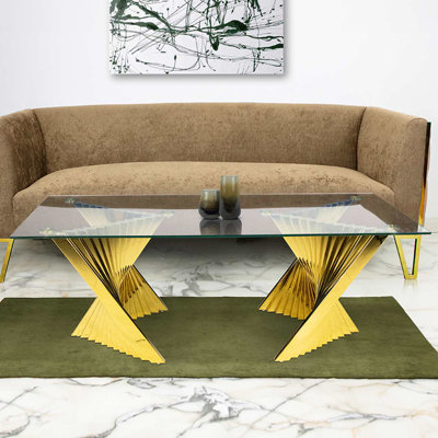 Auric Glass Coffee Table For Living Room Furniture, Stainless Steel Table With Glass Tabletop
