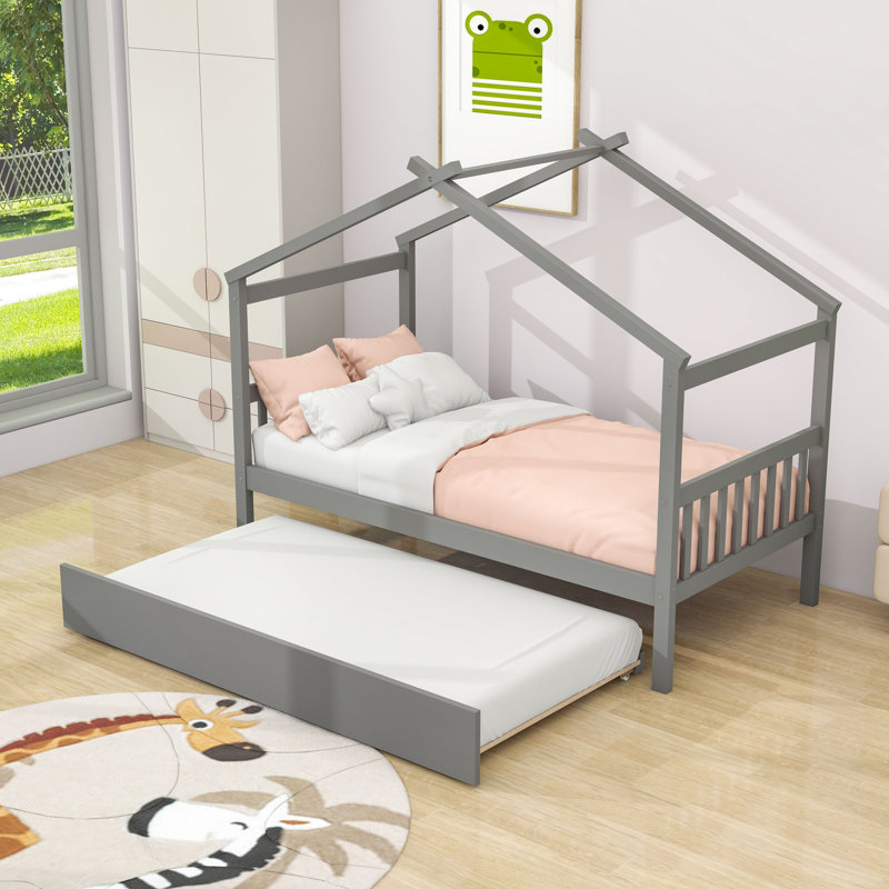 Lit simple en bois avec lit gigogne simple et pieds robustes, Gris, Simple