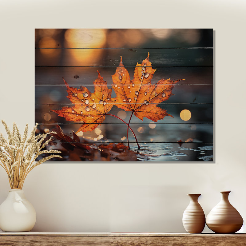 Feuilles d'érable orange orange III - érable sur bois, H 10 po x l 20 po