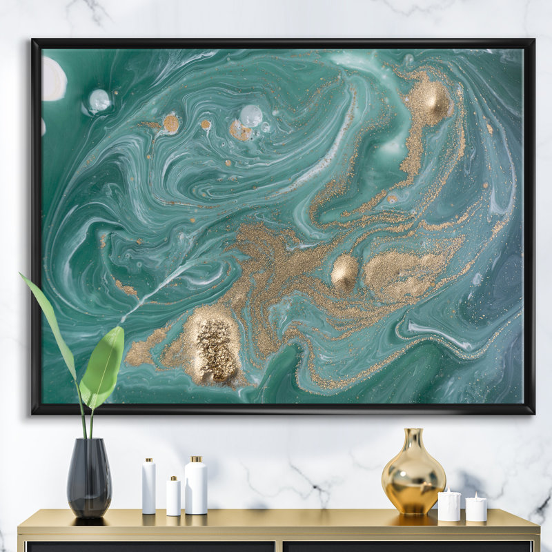 Nature vert et marbre doré - reproduction d'art sur toile, H 24 po x l 36 po x P 1 po, Cadre flottant noir
