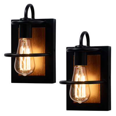 Ensemble de 2 appliques murales industrielles Farmhouse, noir mat et finition en faux bois E26, luminaire mural intérieur rétro moderne pour escalier de salon de chambre à coucher