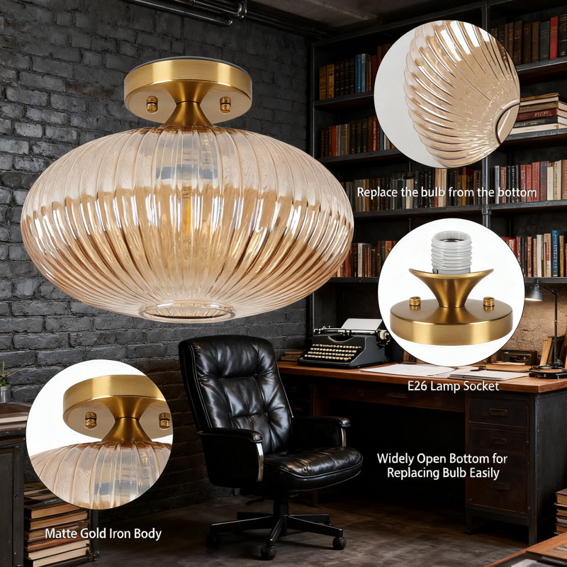 Vintage Semi Flush Mount Ceiling Light Fixture With Amber Glass Globe Shade, E26 Base Indoor Lamp For Hallway, Kitchen, Closet, And Dining Room