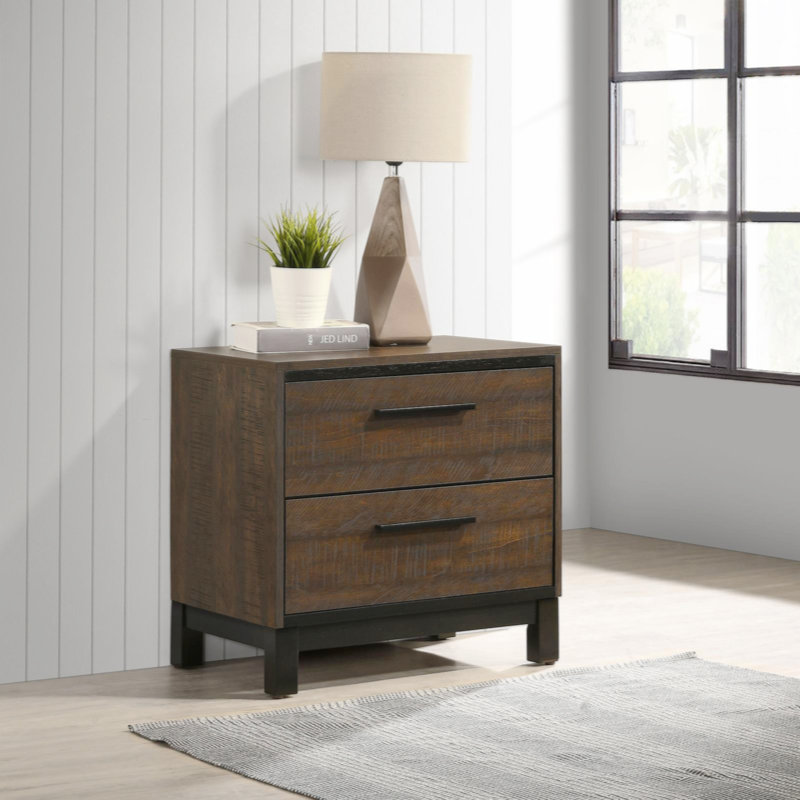 Table de chevet 2 tiroirs rustique tabac foncé et bronze foncé