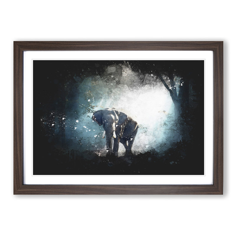 Elephant Roaming In A Green Forest Paint Splash - Picture Frame Graphic Art, 24cm H x 33cm W x 2cm D, Walnut Framed