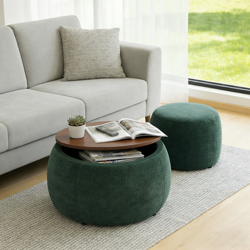 Ensemble de tabouret de rangement moderne en tissu, comprend tabouret rond + tabouret de rangement, Vert