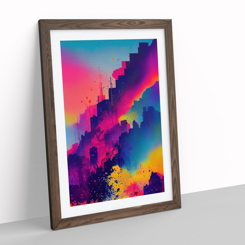 Dripping Paint City Skyline No.3 Abstract 1 Piece Single Picture Frame Wall Art, 46cm H x 34cm W x 2cm D, Walnut