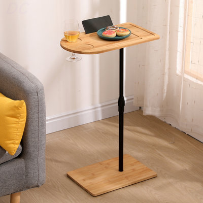 Couch Tray Table Bamboo Height Adjustable Side Table For Sofa C-Shaped Oval End Tables With Slots For Bed & Chairs In Living Room & Bedroom (Oval + Rectangle), Table