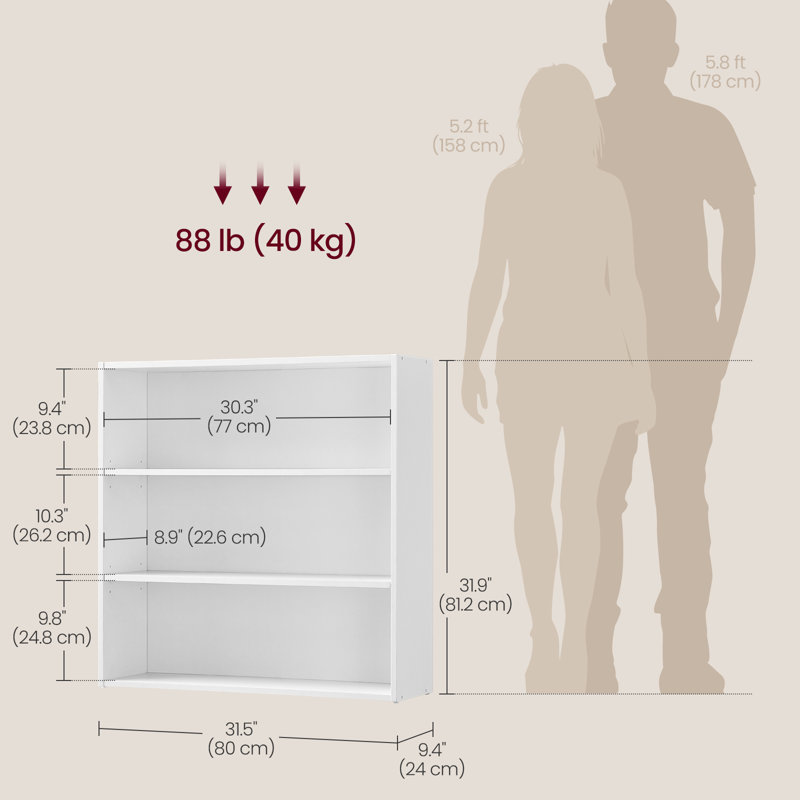 Sayef Standard Bookcase, (3 Shelves) 31.9" H x 31.5" W x 9.4" D, Cloud White