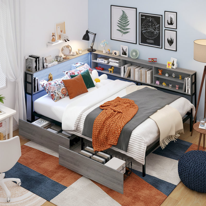 Full Size Metal Corner Daybed with LED Lights and Charging Station - 82" Wide Frame with Bookcase Headboard, Gray Oak