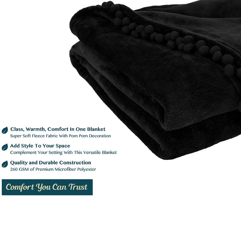 Black Fleece Pom Pom Fringe Throw Blanket