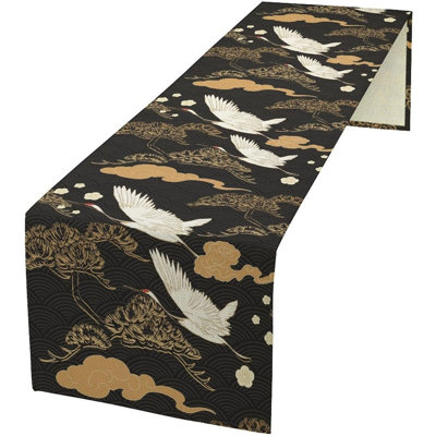 Chemin de table - noir / or - luxe rétro, asiatique / japonais, oiseau abstrait et arbre nuage, cuisine / salle à manger / banquet / fête en plein air