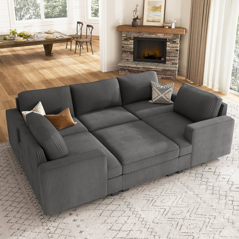 Canapé-lit modulaire en U avec espace de rangement Anureet, Non, H 35 po x l 93,38 po x P 65 po, Velours côtelé gris