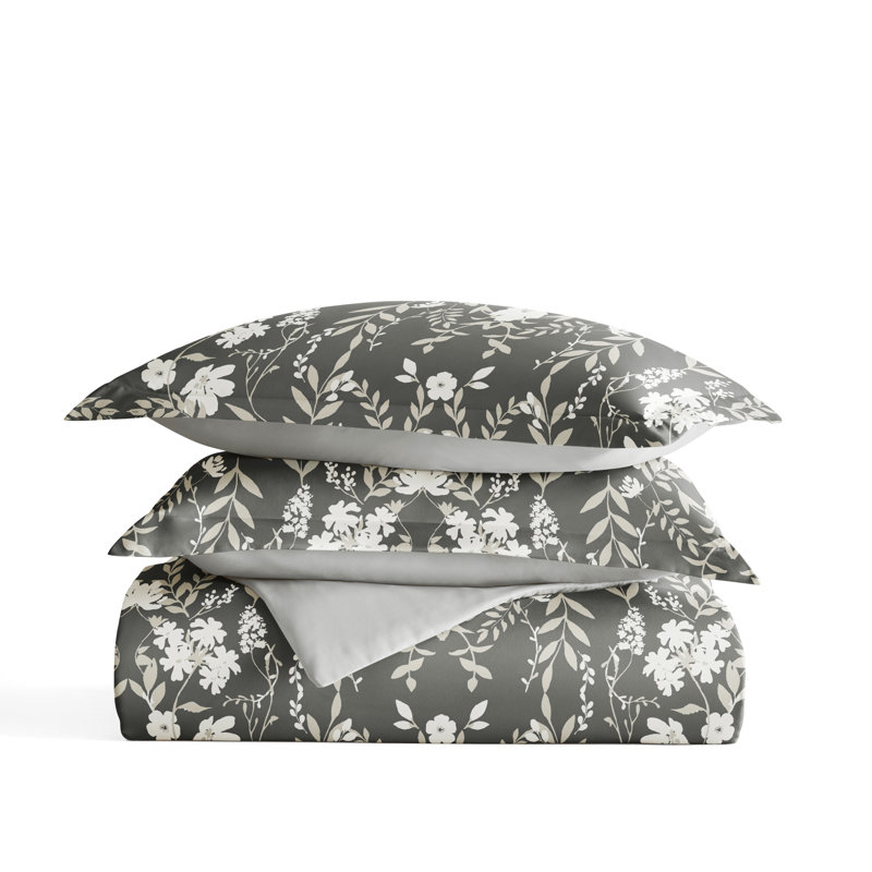 Black Floral Reversible Microfiber Full/Queen Duvet Cover Set