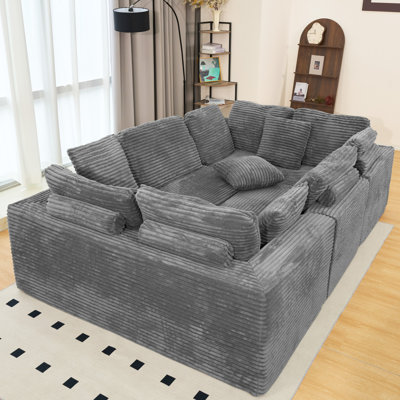 135.5-Inch Modular U-Shaped Sectional Sofa, 6-Seater Chaise Lounge With Reversible Design, Striped Corduroy Fabric In GREY–Living Room Couch, Freely Configurable Layout.(Old Sku:W3276S00006)