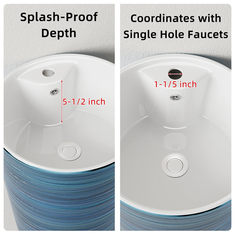 33" Tall Vitreous China Circular Bathroom Pedestal Sink with Overflow, Modern One-piece Pedestal Sink, Brushed Blue