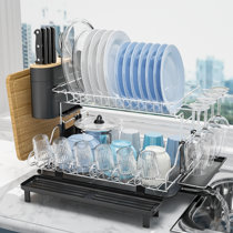 Never Rust Aluminum Dish Rack and Drain Board with Utensil Holder,  Tomorotec 2-tier Kitchen Plate Cup Dish Drying Rack Tray