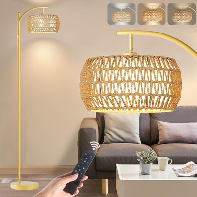Lampe sur pied télécommandée à intensité variable avec abat-jour en rotin, luminosité et température de couleur réglables, base en métal robuste pour le salon, la chambre à coucher, le bureau, style bohème