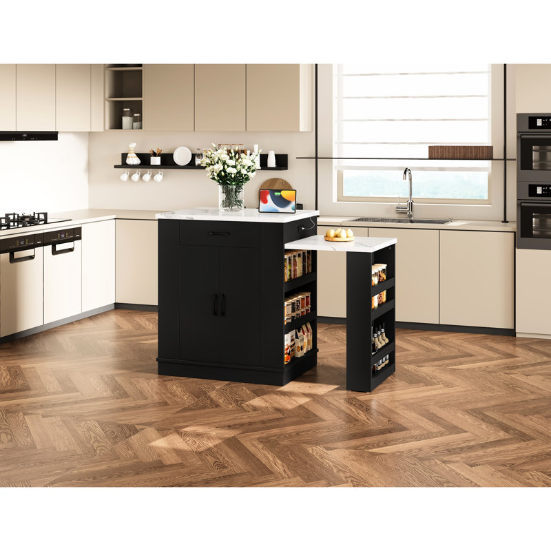 Îlot de cuisine avec table de salle à manger extensible 80,7 po Taunton, plateau en placage de marbre
