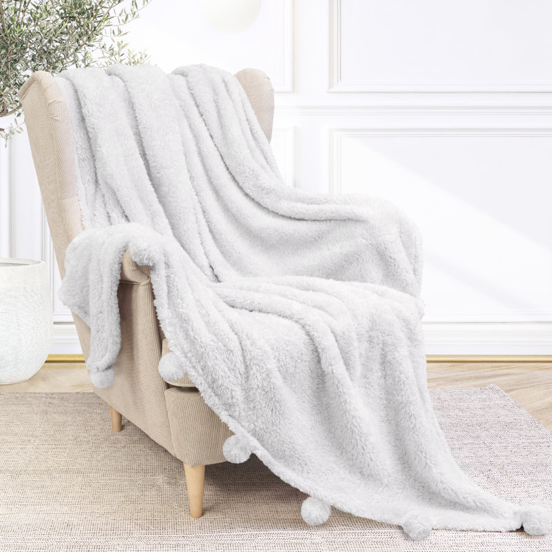 White Sherpa Fleece Throw Blanket with Pom Pom Fringe