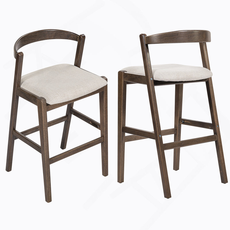 Tabouret de bar d'intérieur en bois d'hévéa, finition brun foncé et revêtement beige, ensemble de 2, Marron foncé