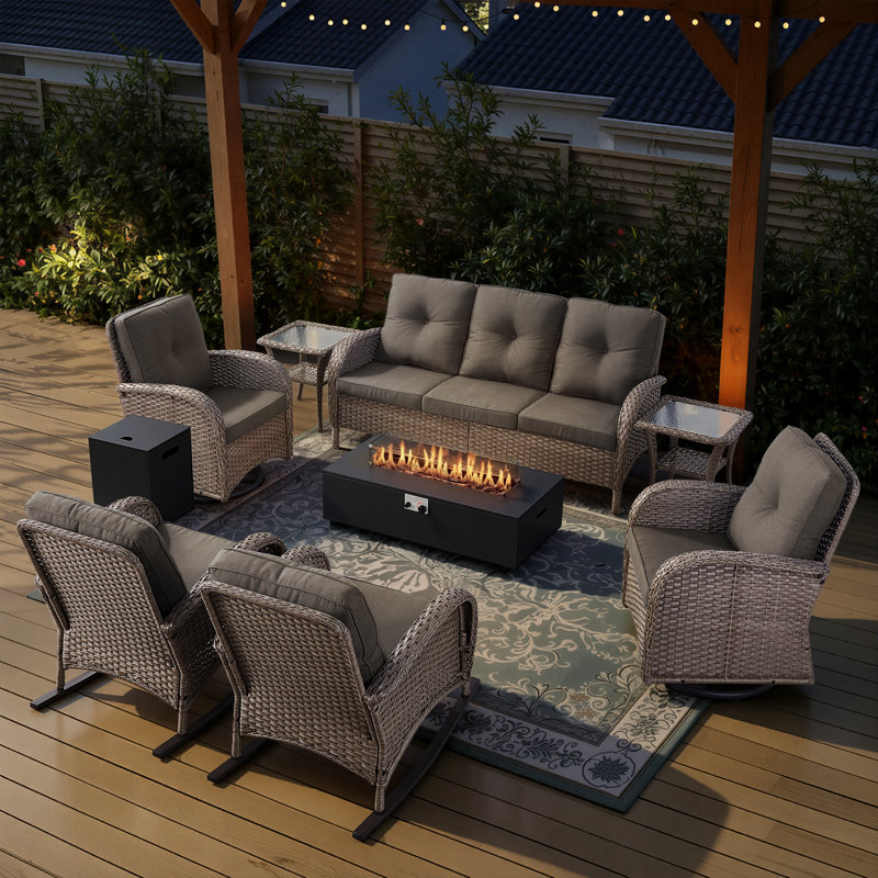 8-Piece Outdoor Wicker Family Gathering Conversation Set With Rocking & Swivel Chairs And Fire Pit Table, Gray, Gray