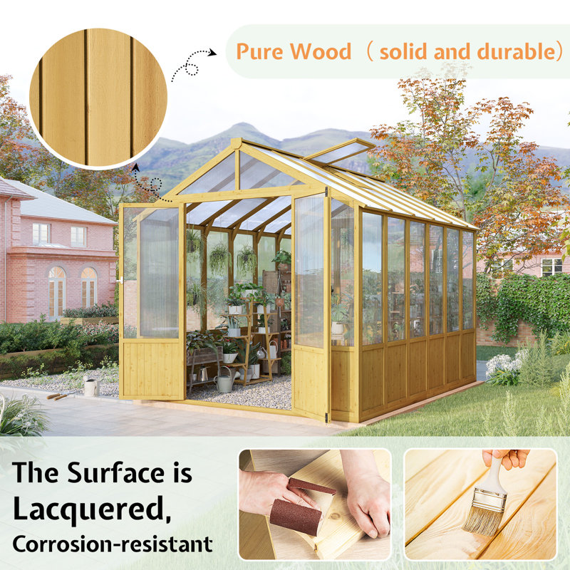 8' x 9.5' x 7.5' Wooden Greenhouse, Pre-Assembled Solid Cedar Frame, Walk-In Design with Lockable Door and Adjustable Roof Vents, Polycarbonate Panels for Outdoor Garden & Backyard
