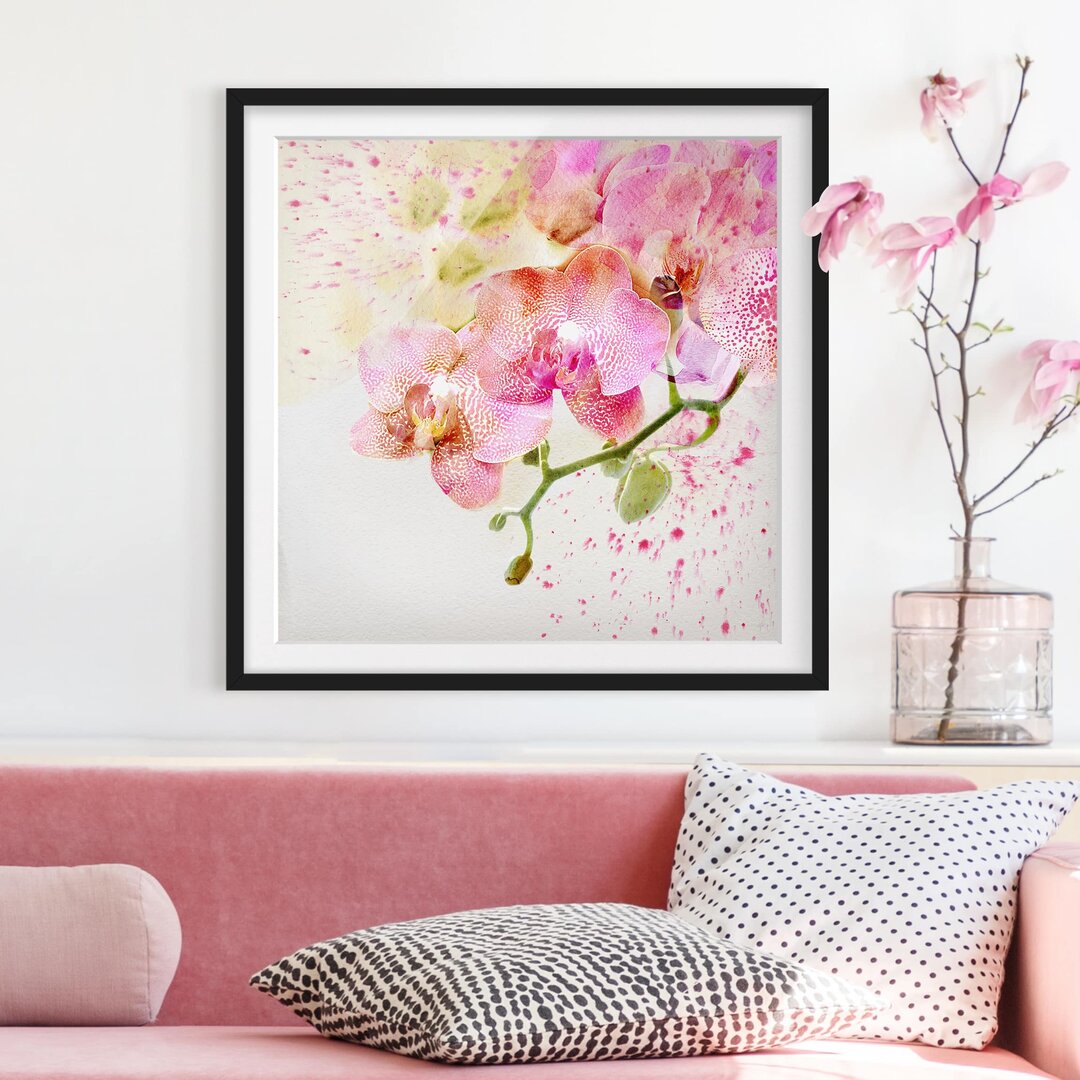 Gerahmtes Papierbild Aquarell Blumen Orchideen