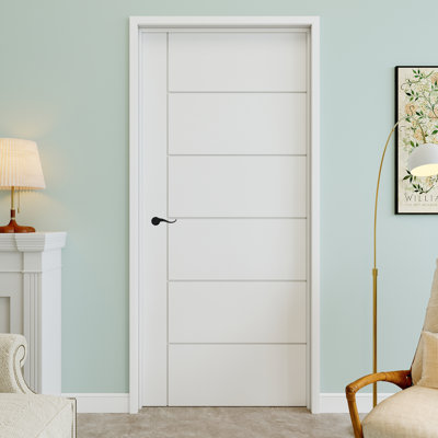 Porte pré-suspendue intérieure 32 po x 80 po à 6 panneaux moulés horizontaux avec levier incurvé et charnières noires, dalle de porte unie, peignable et imperméable, combinaison pour la lessive, portes de placard, portes de pièce, droite