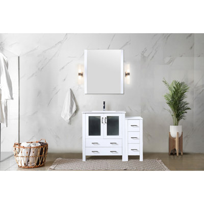 Meuble-lavabo simple blanc 42 po - Tiroirs à fermeture en douceur en bois massif avec plateau en céramique et armoire latérale avec structure de résistance incluse