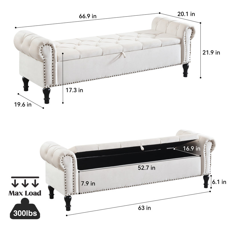 Banc de rangement rembourré 66,9 po, Beige