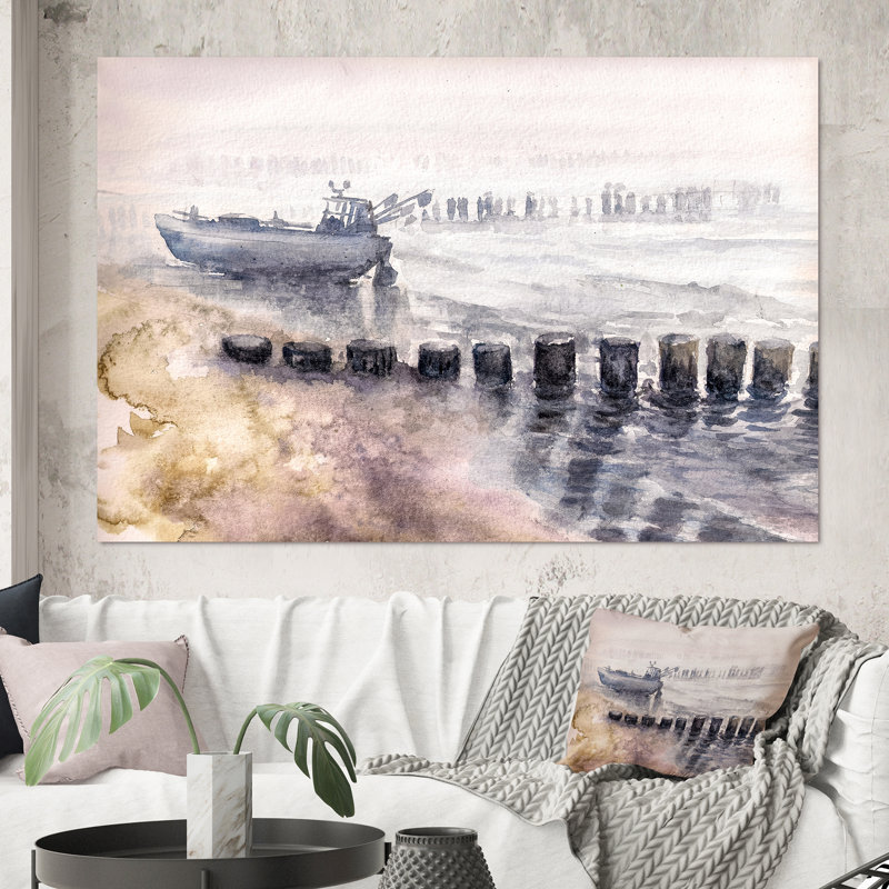 Bateau de pêche dans le port - Peinture sur toile, H 40 po x l 60 po, Toile tendue