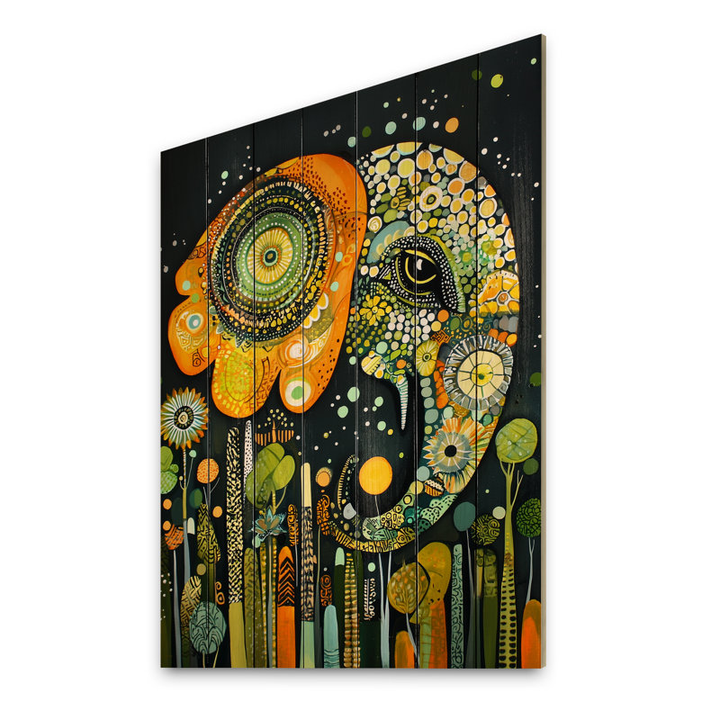 Boho Elephant Collage Portrait I - Impression sur bois orange moderne sur bois de pin naturel, H 32 po x l 24 po