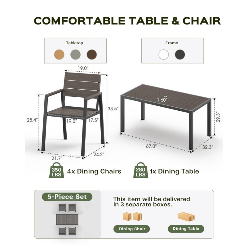 Table de jardin rectangulaire de 170 cm (67 po) avec structure en aluminium, plateau en polystyrène expansé imitation bois et trou pour parasol de 4 cm (1,6 po).