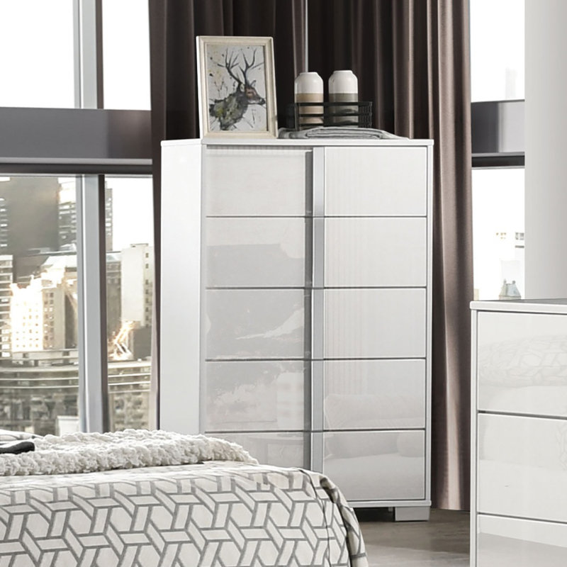 Mobilier de chambre à coucher de style contemporain avec finition UV et commode chromée 1pc, Blanc