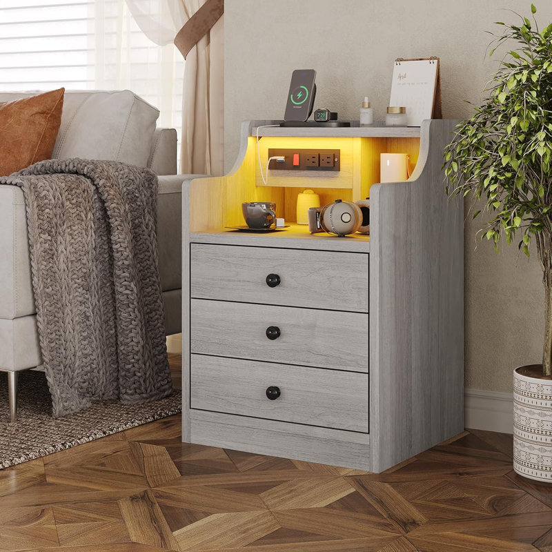 Nightstand With Charging Station And Led Lights,night Stand With Hutch,bedside Table With Drawers,modern End Side Table For Bedroom