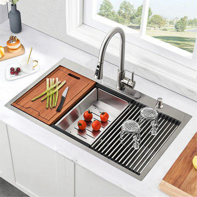 Workstation 33-Inch Drop-In 16 Gauge Kitchen Sink R10 Radius Stainless Steel Kitchen Sink Single Bowl With Intergrated Ledge & Accessories (Pack Of 5) -33"X22"X10"