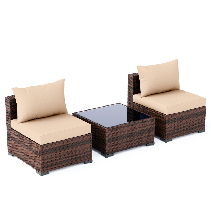 3-Piece Single Sofa Set Modular Outdoor All-Weather Wicker Rattan Patio Furniture Seating Group With Cushions & Glass Table