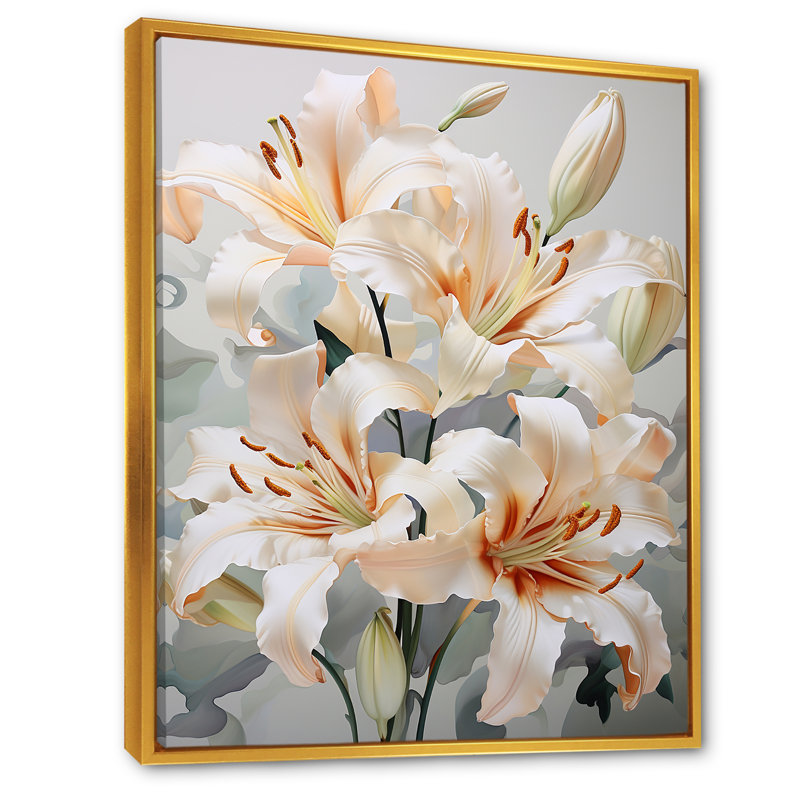 «Beige Lilies Simple Tranquility IV» sur toile, H 44 po x l 34 po x P 1,5 po, Cadre flottant doré