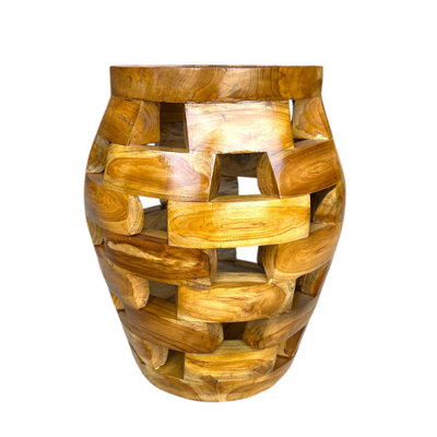 Solid Teak Wood Accent End Table Puzzle Hexagon Eclectic Design