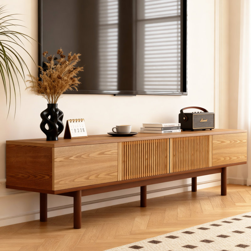 86.6" Solid Wood TV Stand with Push-to-Open Doors, Removable Shelves, Slatted Center Doors & Dual Cable Holes