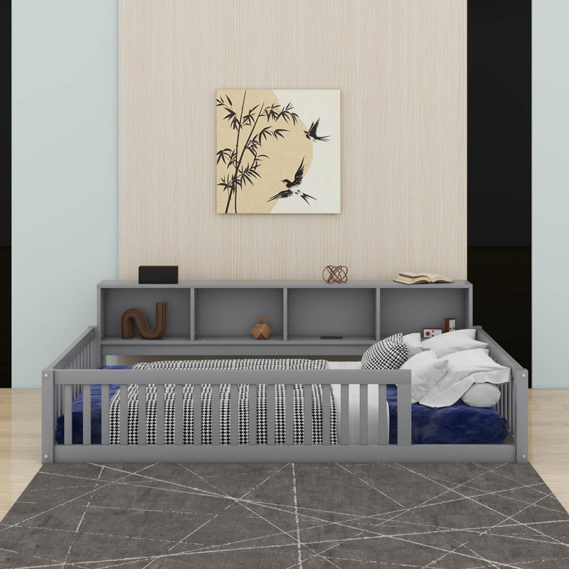 Lit simple au sol avec armoires et ports USB, Grey